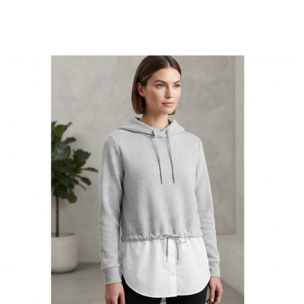 Athleta Heather Grey Layered Hoodie with Shirttail Hem Size M Button Shirt Hem